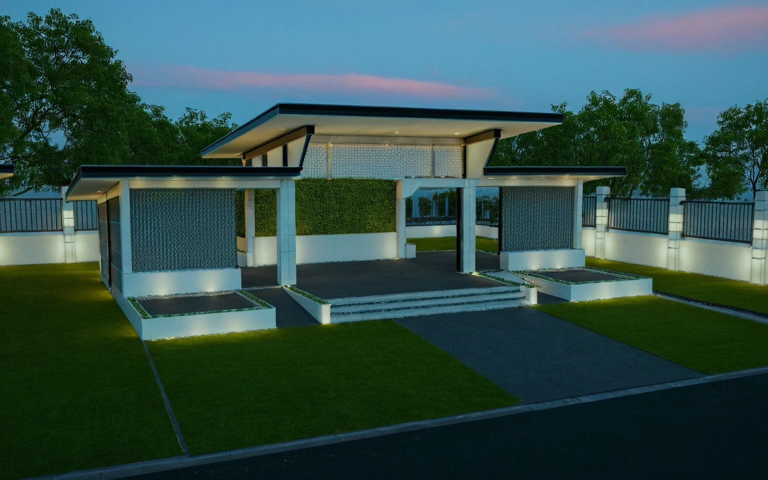 Masterpiece, high quality, best quality, authentic, super detail, outdoors, huts style neoclassic, bietthuhn, black steel, white wall, gate road, pavement, grass, trees, blue sky, sunset, cloud, (day:1.1), realistic lighting