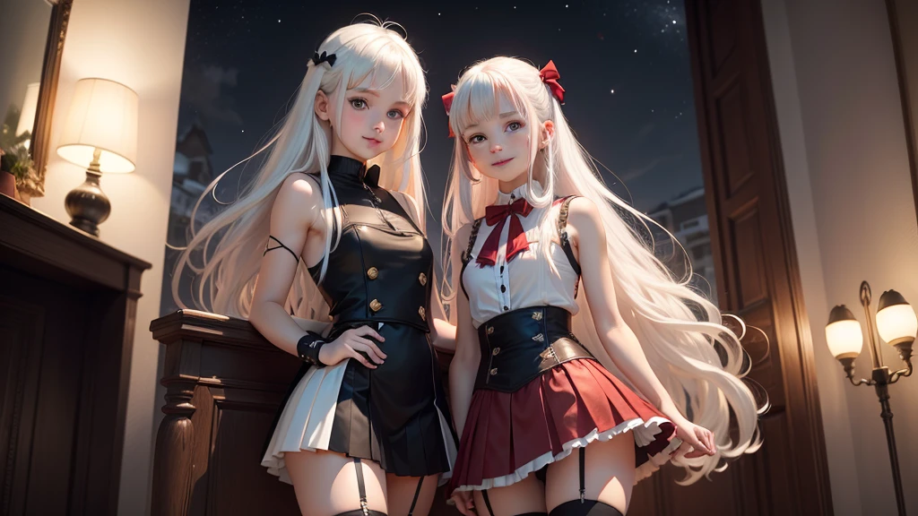 10 years old white-haired and red-haired Europeans girls, Europeans girls, cute, young, with long hair, sleeveless jackets, pleated skirt, cropped tops, night time, smiling, stockings with garters, flirt with you, seduce you