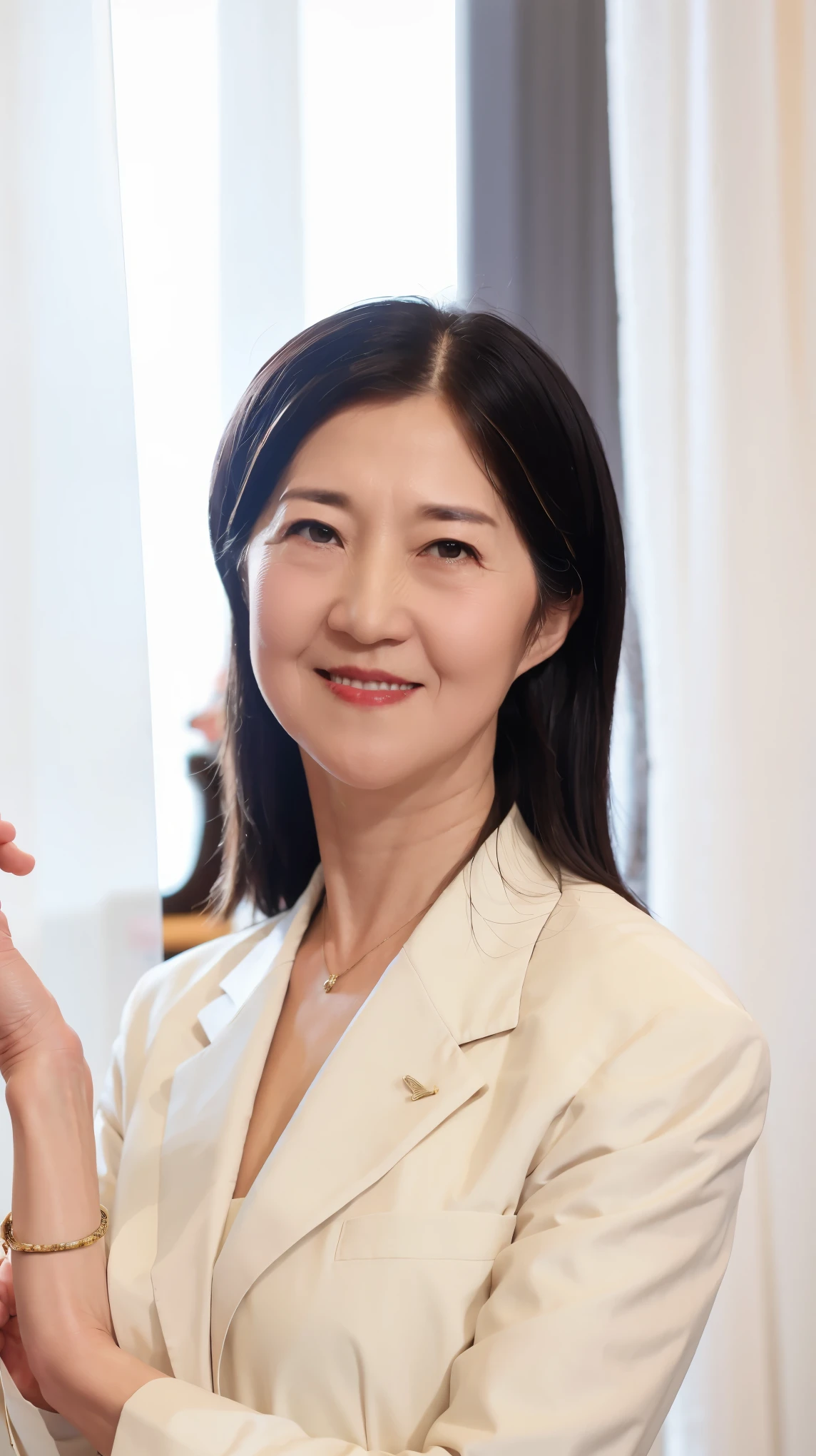 60-year-old female, Soft headlight,High-density imaging,(Clean and delicate face),((White suit)),((Various dynamic poses)),((((Half-length photo)))),((White curtains in the background)),best quality,masterpiece,(Soft colors:1.2)