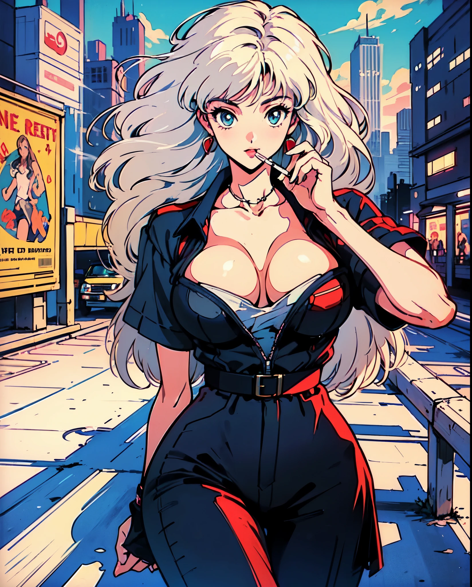 (80's, retro, city pop poster:1.5), (album cover), (masterpiece, best quality), (anime, illustration),
best photo pose, dynamic angle, cowboy shot, blonde Russian girl, 19 years old, Large breast, Wide hips, Bubbly ass, Round buttocks,
girl, solo, smile, perfect detail eyes, delicate face, blue eyes, red bathing suit
high fashion sunglasses, smoking cigarette,