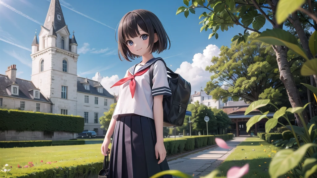 (masterpiece), town, blue sky, One Girl, smile, alone, Sailor suit、Long skirt, Overgrown, petal, plant、Skirt lining、Translucent slip、Nostalgic