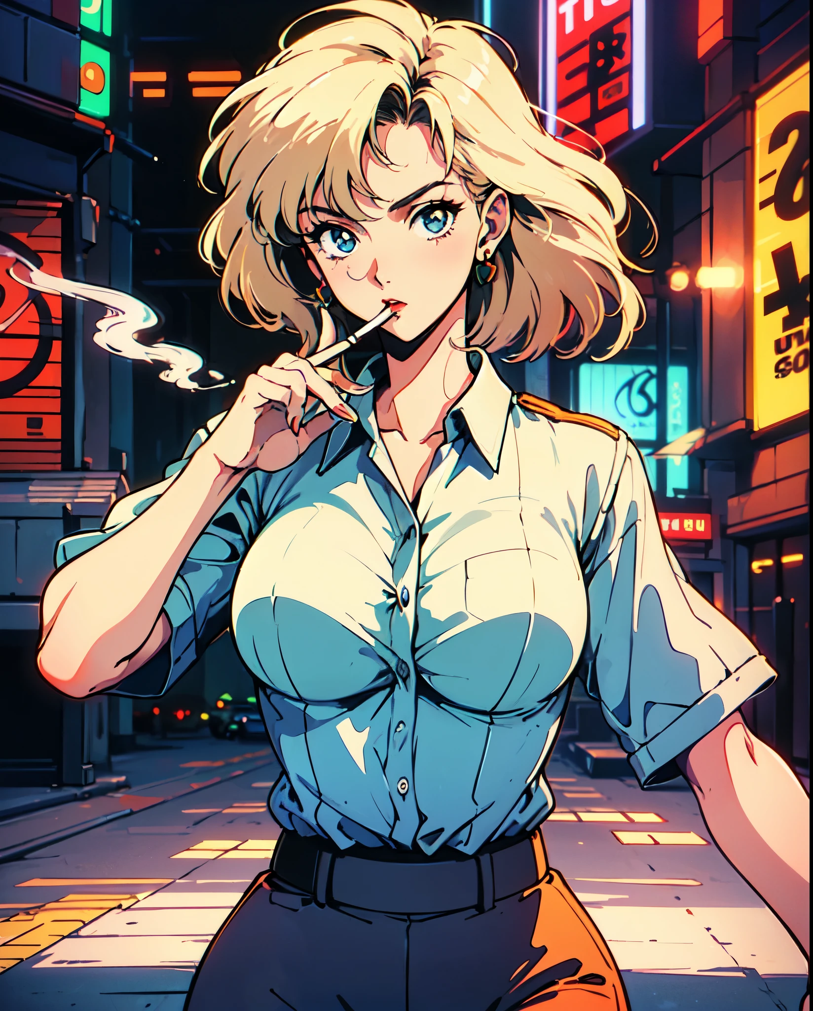 (80's, retro, city pop poster:1.5), (album cover), (masterpiece, best quality), (anime, illustration), 
best photo pose, dynamic angle, cowboy shot,
girl, solo, 80 anime style, 19 year old Russian girl, blonde girl, shoulder height hair, Bangs, Smoking a cigarette, Wearing a white button-down shirt, short sleeves , and a red skirt, Warzone, Green eyes, large breasts, wide hips, perfect detail eyes, delicate face, blue eyes, blonde hair, 