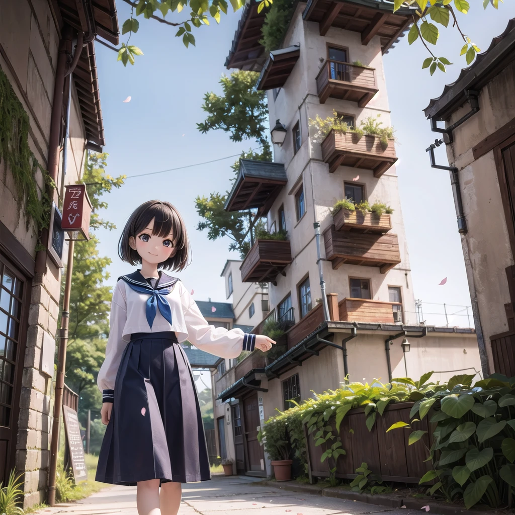 (masterpiece),  town,  blue sky,  One Girl,  smile,  alone,  Sailor suit、Long skirt,  Overgrown,  petal,  plant、Skirt lining、Translucent slip、Nostalgic