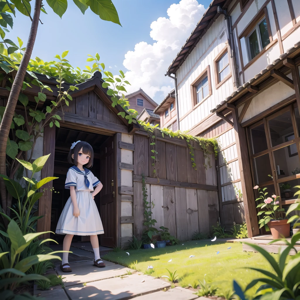 (masterpiece), town, blue sky, One Girl, smile, alone, Sailor suit、Long skirt, Overgrown, petal, plant、Skirt lining、Translucent slip、Nostalgic