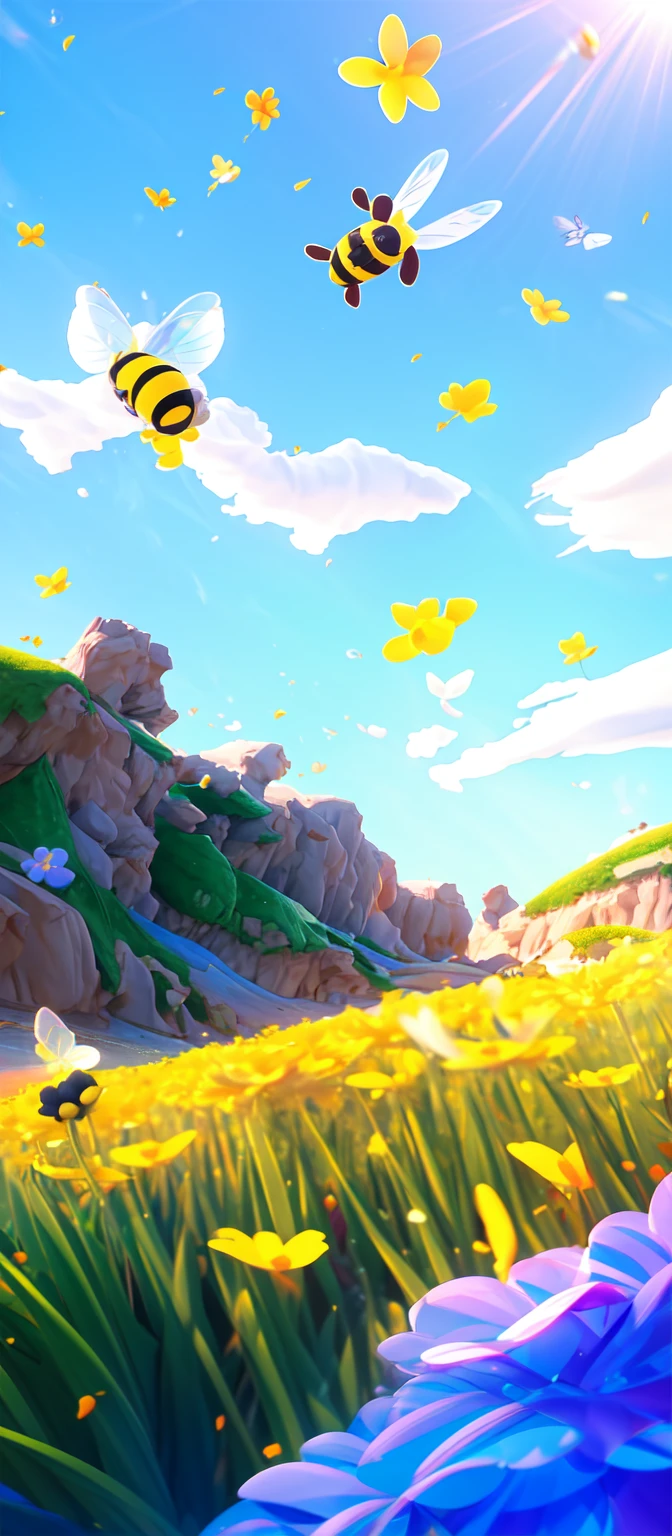 there is a bee flying over a field of flowers with a bee, a 3D render by jeonseok lee, trending on polycount, conceptual art, cute 3 d render, soft 3d render, cute! c4d, stylized as a 3d render, stylized 3d render, adorable digital painting, cute detailed digital art, 3 d bee