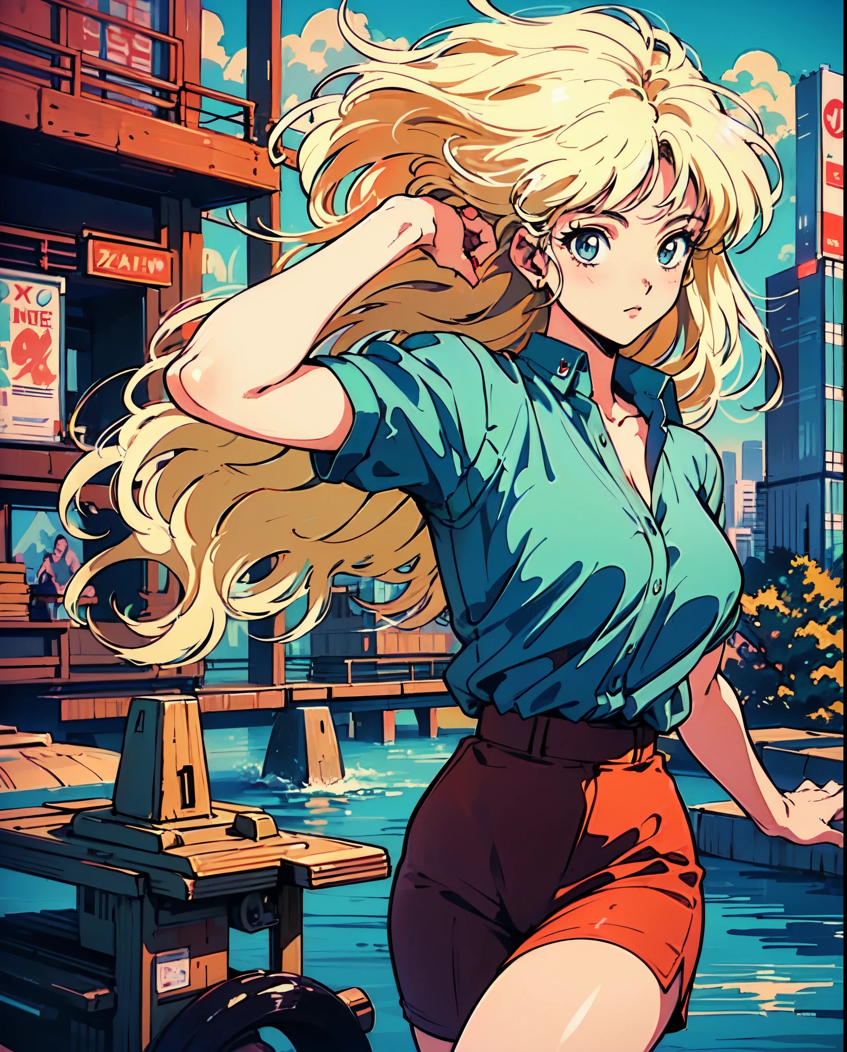 (80's, retro, city pop poster:1.5), (album cover), (masterpiece, best quality), (anime, illustration), 
best photo pose, dynamic angle, cowboy shot,
girl, solo, 80 anime style, 19 year old Russian girl, blonde girl, shoulder height hair, Bangs, Smoking a cigarette, Wearing a white button-down shirt, short sleeves , and a red skirt, Warzone, Green eyes, large breasts, wide hips, perfect detail eyes, delicate face, blue eyes, blonde hair, 
