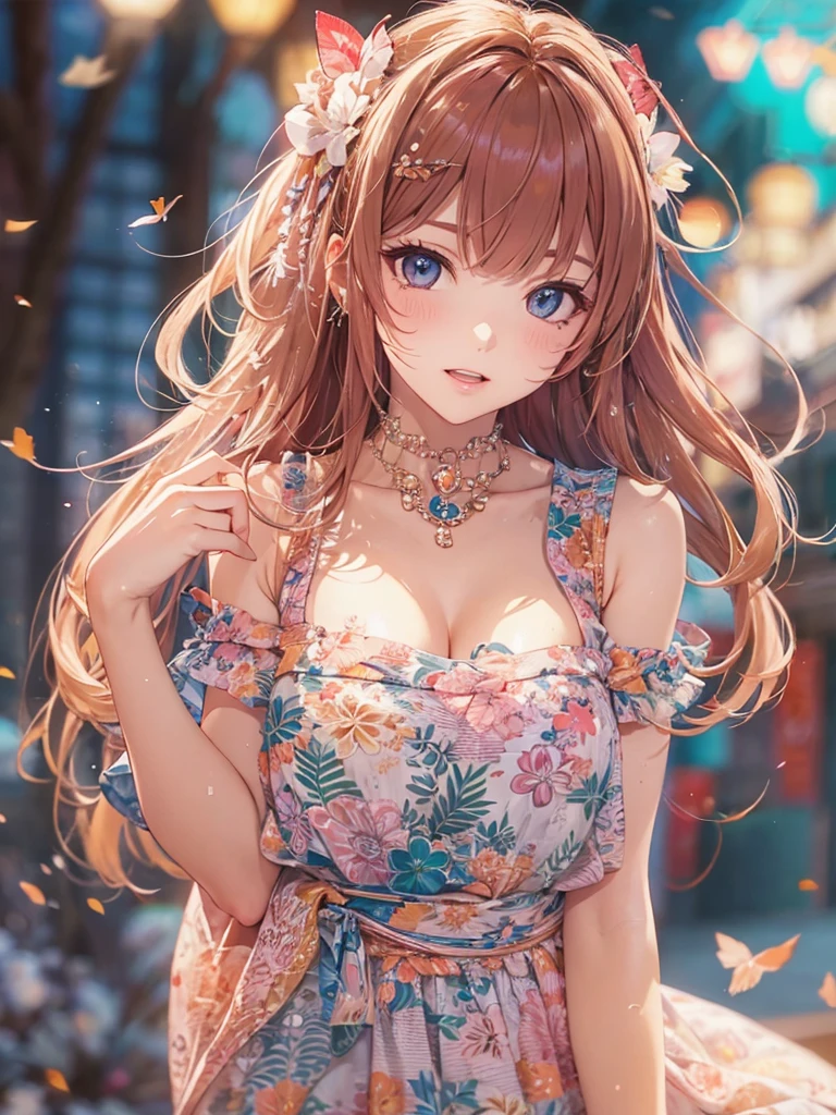 Beautiful girl, Anime Style, Detailed face, Wearing a cute and stylish dress, Set in a charming and picturesque setting, Vivid and attractive lighting, Dynamic pose, Japanese Anime Style, high quality, Very detailed, 8K resolution, Cinema Lighting, 最high quality, Vibrant colors, Instagrammable, beautiful, trend, Hair colors and styles are vibrant and unique
