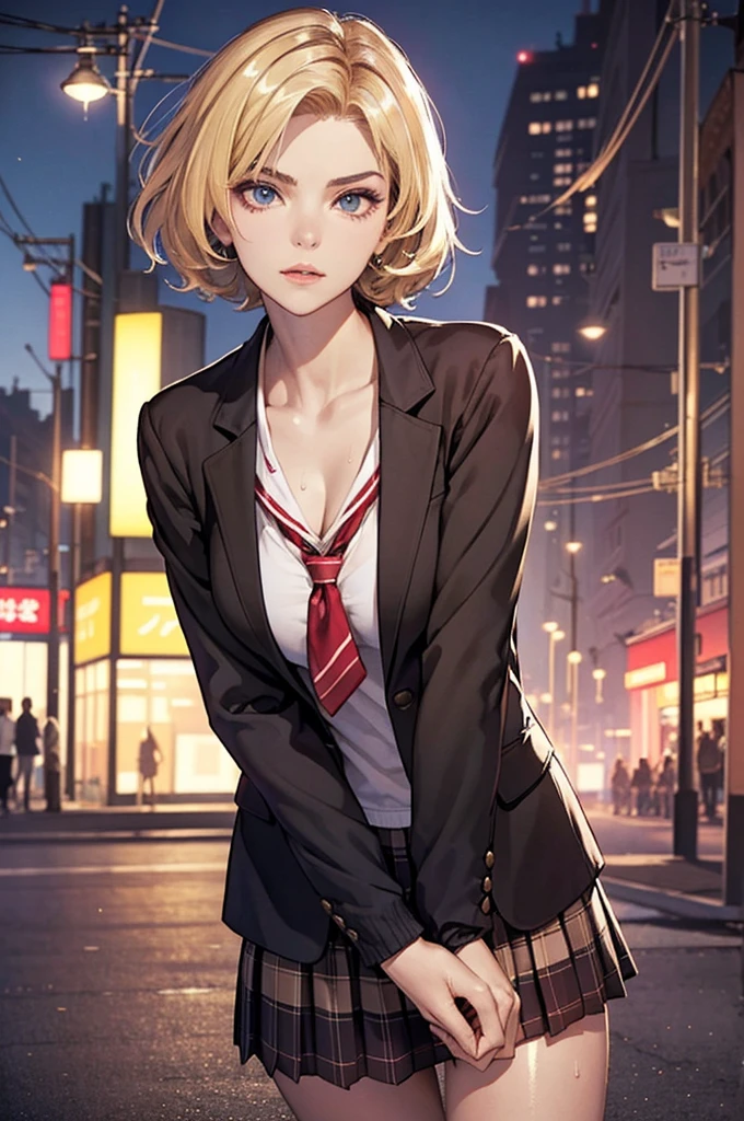 ((perfect anatomy:1.2,realistic:1.3,RAW Photography:1.3,masterpiece、highest quality、Ultra - High resolution、High resolution、Highly detailed CG、8K)),cowboy shot,1 female,solo,18-year-old、High school girl beautiful girl, Japanese,((beautiful detailed face and eyes:1.2,big gorgeous eyes:1.3,)),blonde hair,short hair,(center parted hair:1.4,forehead),large breasts,slender body,small head:1.3,skinny,(brown skin:1.3),(oily skin,gleaming skin,shiny skin,sweat),(school uniform、Dark blue blazer jacket、plaid pleated mini skirt),Shibuya Station、on street,neon、at night、Tokyo、big