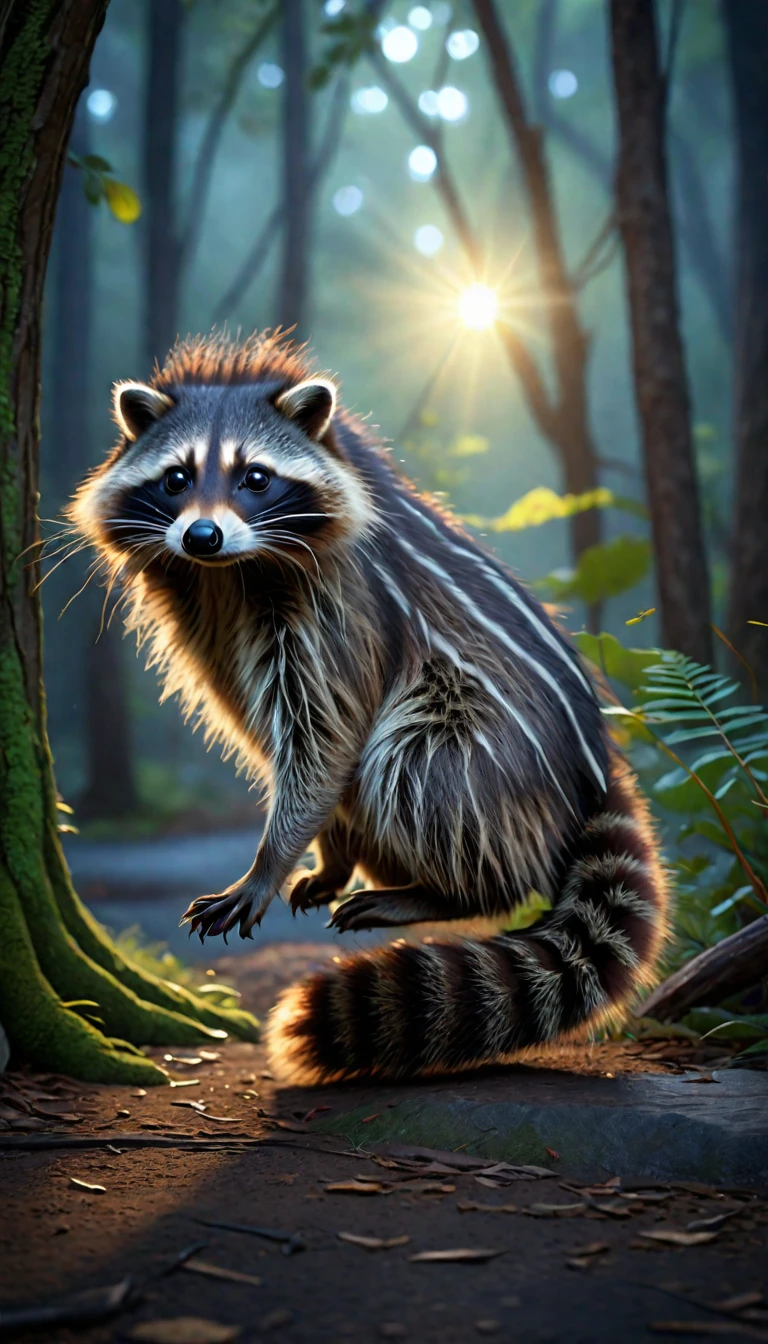 A raccoon with long hair on its head,Mysterious Creatures, shrike, (best quality,4K,8K,High level,masterpiece:1.2),Ultra Detailed,(lifelike,Photo real,Photo real:1.37),Highly detailed animals,Complex patterns,Realistic lighting,Fantasy Creatures