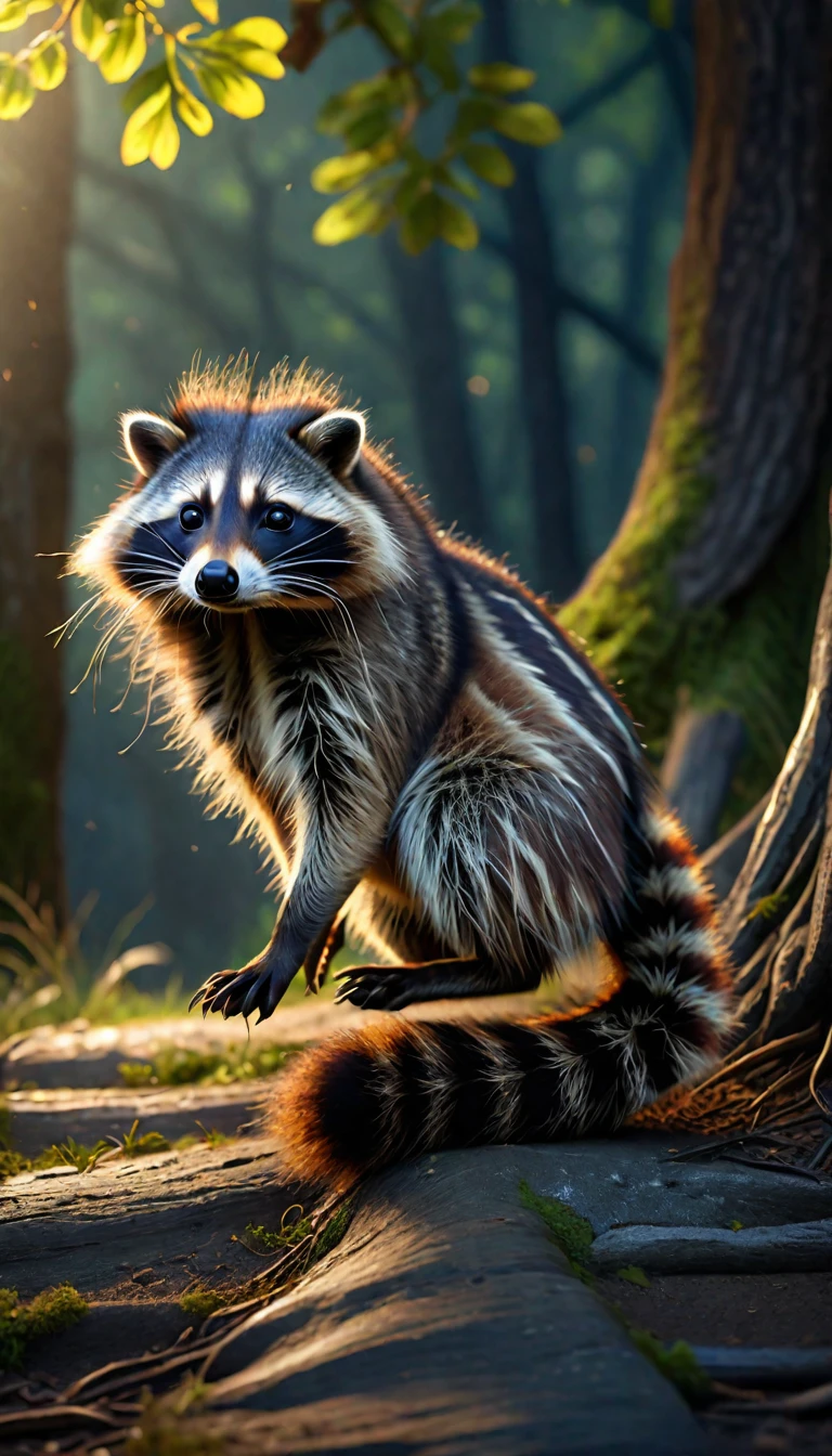 A raccoon with long hair on its head,Mysterious Creatures, shrike, (best quality,4K,8K,High level,masterpiece:1.2),Ultra Detailed,(lifelike,Photo real,Photo real:1.37),Highly detailed animals,Complex patterns,Realistic lighting,Fantasy Creatures