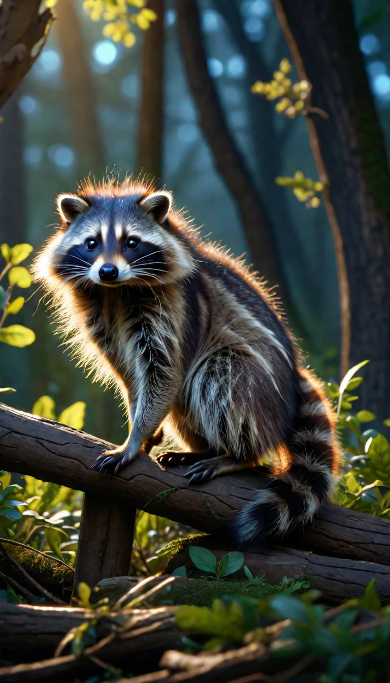 A raccoon with long hair on its head,Mysterious Creatures, shrike, (best quality,4K,8K,High level,masterpiece:1.2),Ultra Detailed,(lifelike,Photo real,Photo real:1.37),Highly detailed animals,Complex patterns,Realistic lighting,Fantasy Creatures