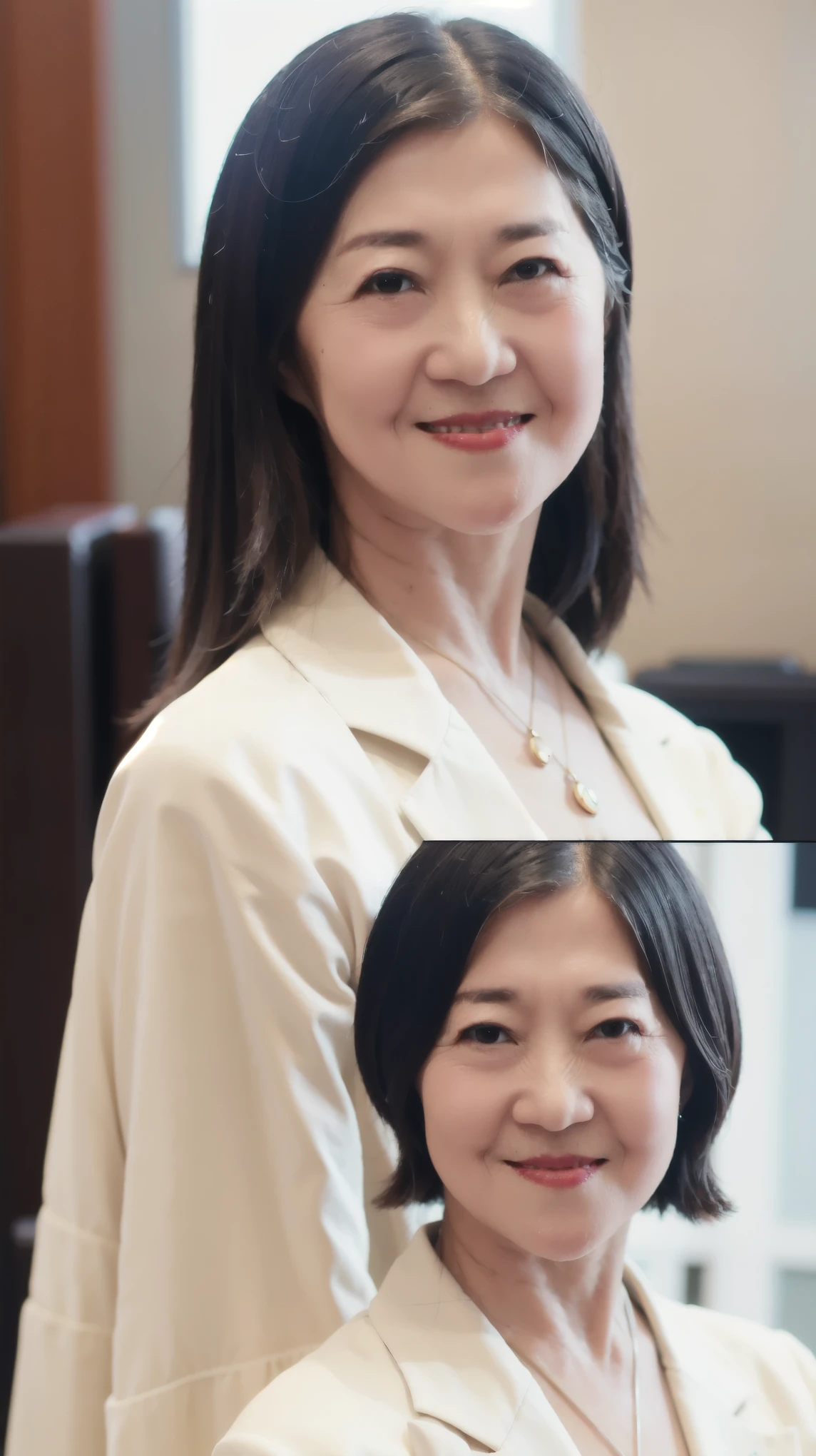 60-year-old female, Soft headlight,High-density imaging,(Clean and delicate face),((White suit)),((Various dynamic poses)),((((Half-length photo)))),((White curtains in the background)),best quality,masterpiece,(Soft colors:1.2)