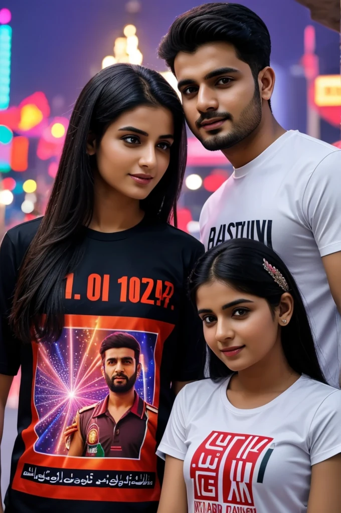 A realistic 27-year-old boy and girl couple wearing Pakistani shirts will have the boy's t-shirt with the name "Jihad" and the girl's t-shirt with "Ishita" and the Baicskti2 national flag of Bangladesh. "Happy New Year Roadside Poster 2024" will read. With rollers, chandeliers, holographic images in high quality detail