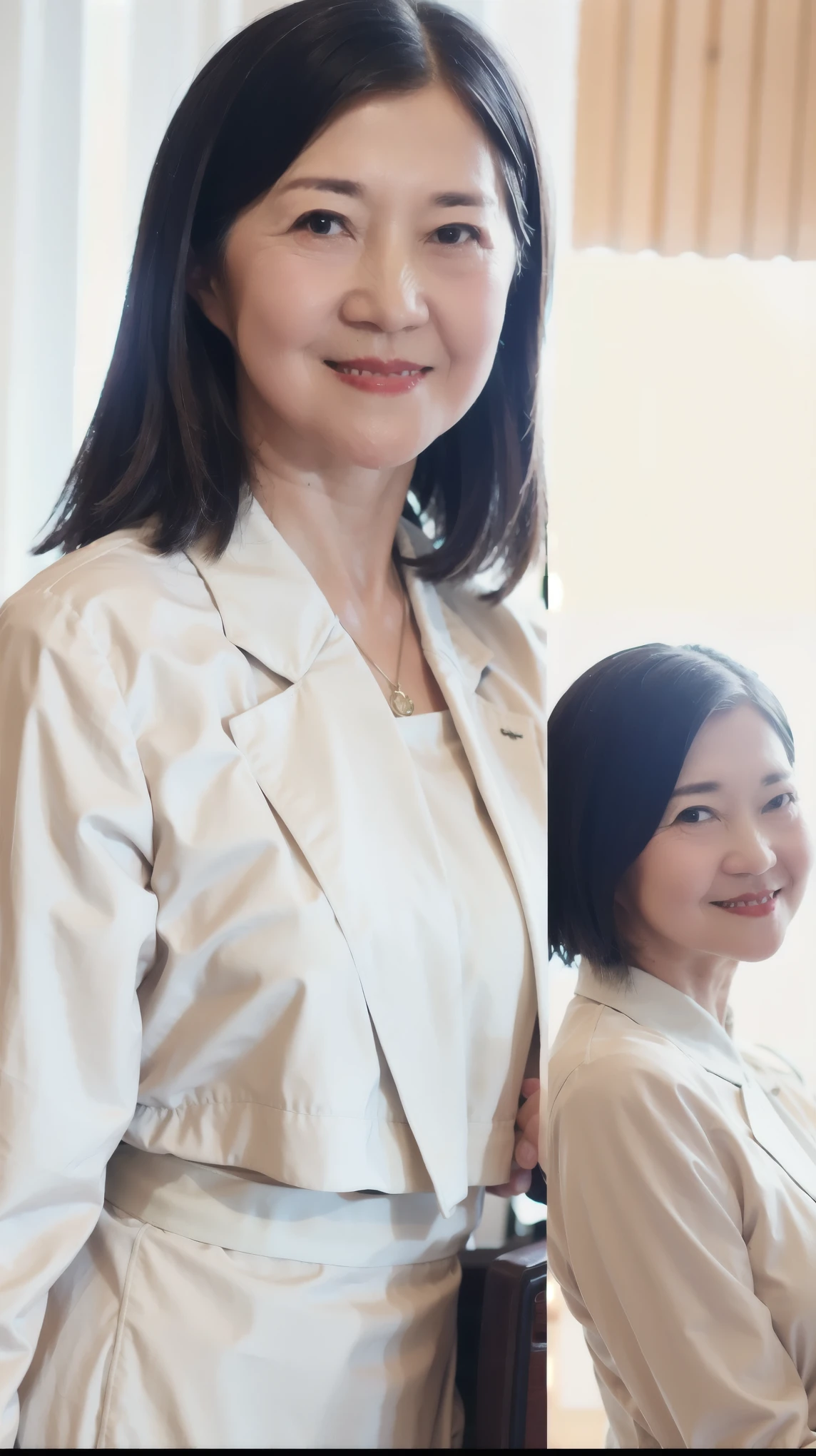 60-year-old female， Soft headlight，High-density imaging，（Clean and delicate face），((White suit))，((Various dynamic poses))，((((Half-length photo))))，((White curtains in the background))，best quality，masterpiece，（Soft colors：1.2）