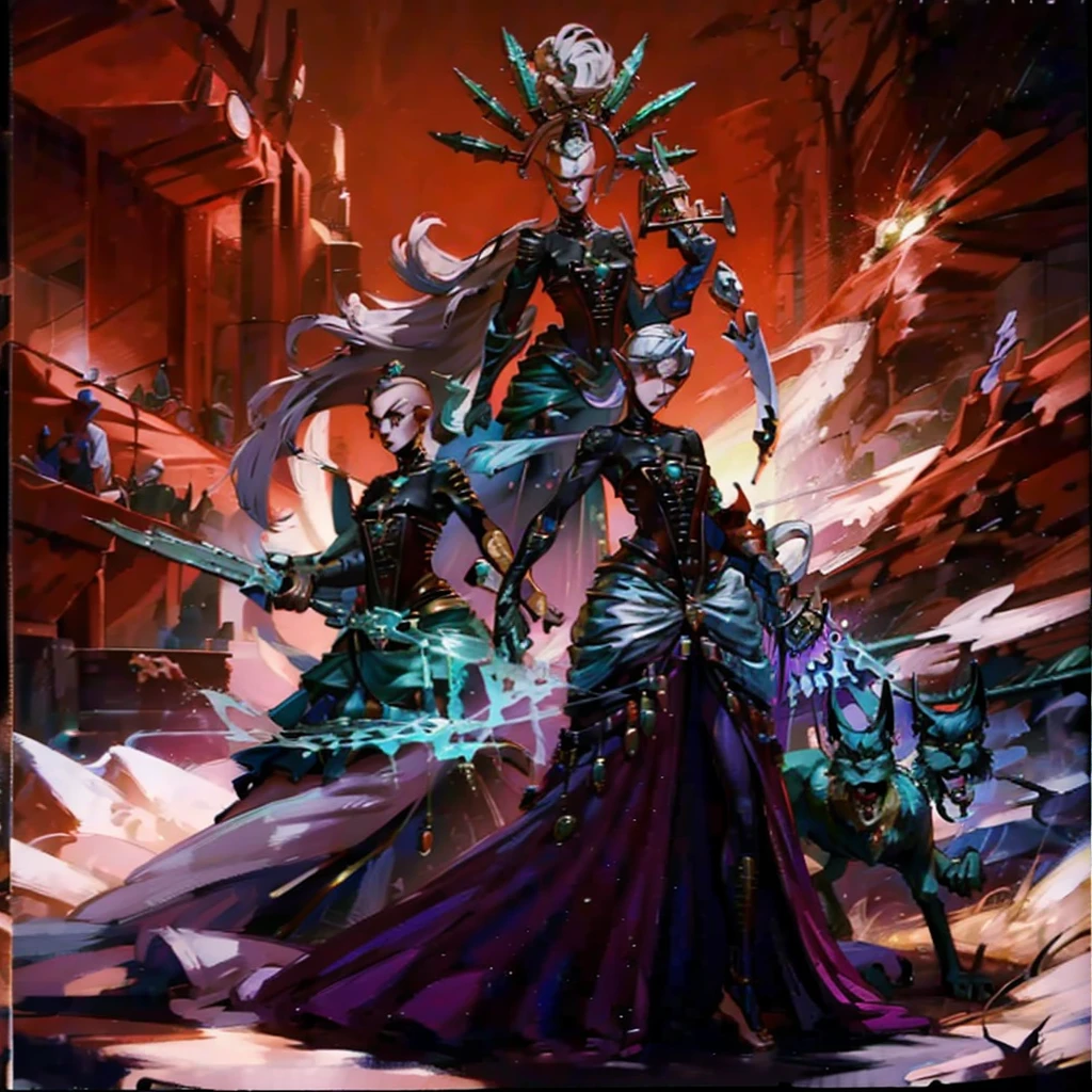 Yvraine, an elegant and formidable Aeldari warrior, dressed in her rune-adorned robe, wielding the sword Kha-vir, surrounded by a luminous and ethereal aura. Beside her, the Visarch, a towering warrior in ceremite armor, brandishing his cruel sword Asu-var, in a protective and battle-ready stance. The scene is set on a futuristic battlefield, with debris and flashes of dark and bright energy around. The image should be in 4K resolution and highly detailed, exquisite and mature manga art style, high definition, best quality, highres, ultra-detailed, ultra-fine painting, extremely delicate, professional, anatomically correct, symmetrical face, extremely detailed eyes and face, high quality eyes, creativity, RAW photo, UHD, 8k, Natural light, cinematic lighting, masterpiece-anatomy-perfect, masterpiece:1.5