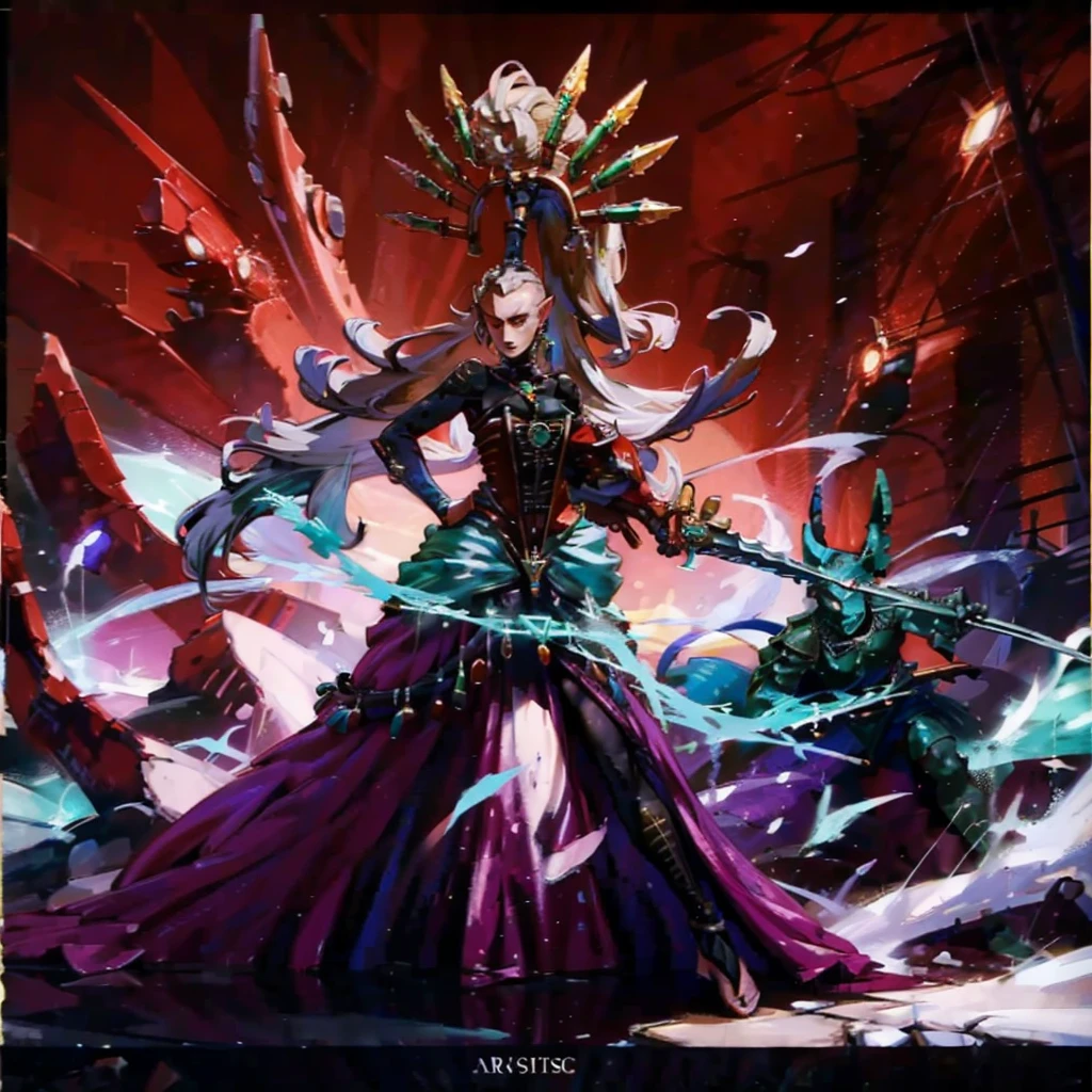 Yvraine, an elegant and formidable Aeldari warrior, dressed in her rune-adorned robe, wielding the sword Kha-vir, surrounded by a luminous and ethereal aura. Beside her, the Visarch, a towering warrior in ceremite armor, brandishing his cruel sword Asu-var, in a protective and battle-ready stance. The scene is set on a futuristic battlefield, with debris and flashes of dark and bright energy around. The image should be in 4K resolution and highly detailed, exquisite and mature manga art style, high definition, best quality, highres, ultra-detailed, ultra-fine painting, extremely delicate, professional, anatomically correct, symmetrical face, extremely detailed eyes and face, high quality eyes, creativity, RAW photo, UHD, 8k, Natural light, cinematic lighting, masterpiece-anatomy-perfect, masterpiece:1.5