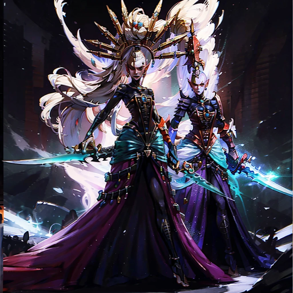 Yvraine, an elegant and formidable Aeldari warrior, dressed in her rune-adorned robe, wielding the sword Kha-vir, surrounded by a luminous and ethereal aura. Beside her, the Visarch, a towering warrior in ceremite armor, brandishing his cruel sword Asu-var, in a protective and battle-ready stance. The scene is set on a futuristic battlefield, with debris and flashes of dark and bright energy around. The image should be in 4K resolution and highly detailed, exquisite and mature manga art style, high definition, best quality, highres, ultra-detailed, ultra-fine painting, extremely delicate, professional, anatomically correct, symmetrical face, extremely detailed eyes and face, high quality eyes, creativity, RAW photo, UHD, 8k, Natural light, cinematic lighting, masterpiece-anatomy-perfect, masterpiece:1.5