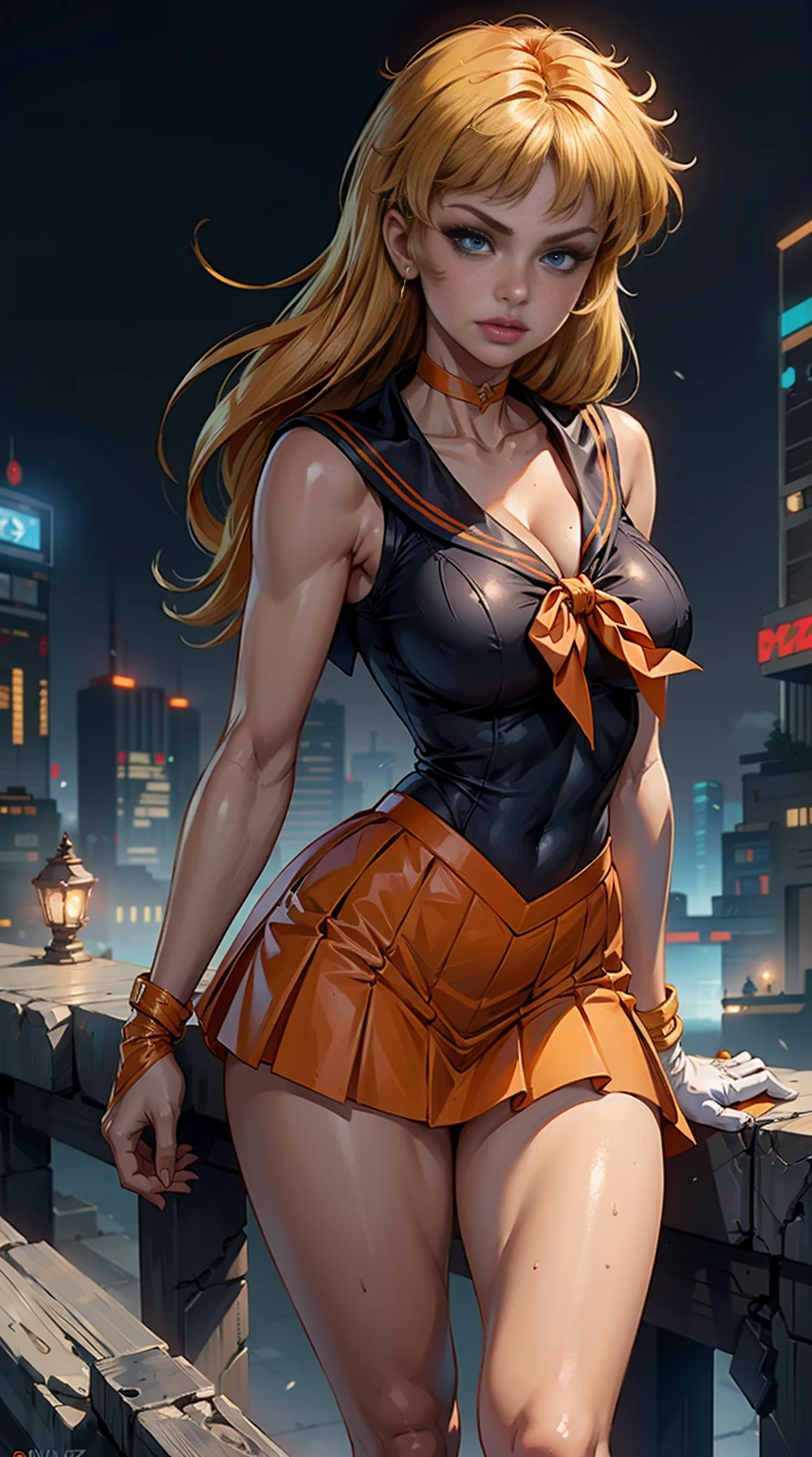 (La mejor calidad,A high resolution,Ultra - detallado,actual),Selena Gomez, (masterpiece, best quality;1.3), very detailed CG, very detailed, 1 girl, alone,  laugh,  looking at viewer, stylish angle, blonde long hair,blue eyes, huge boobs
sv1, Sailor Sensi Uniform, Orange skirt, elbow bag, tiara, Orange Sailor Color, red bow, Orange Choker, white gloves, bijouterie, from above,,(Fondo de ruinas de mazmorra en ruinas cyberpunk :1.4 )
I have a lot of heart, face focus,venus,hurricane,abstract background, galaxy background,(Sailor Venus:1.4), (Sailor Venus V2.1), ,(Fondo de ruinas de mazmorra en ruinas piedras grandes cyberpunk :1.4 ),(perfect anatomy :1.4), (cinematic lighting :1.4),( dynamic cowboy pose), (fondo lluvia cayendo nublado tenebroso :1.4), (Selena Gomez :1.4), (Selena Gomez V2.1),( dedos detailed :1.4) 