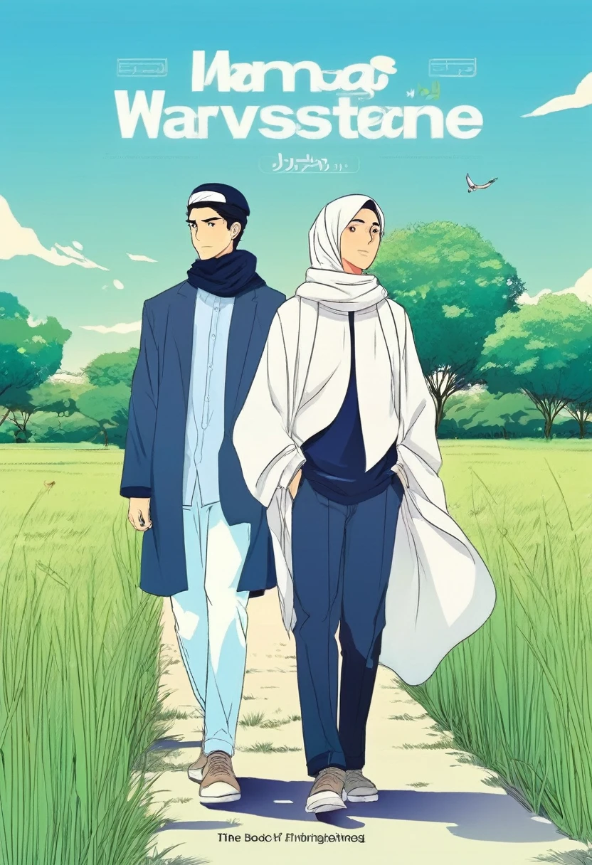a hijab beautiful woman stands between two handsome men, With a blue sky and green grass as a background, manga style, cover illustration, 70mm, 7 0 mm, 70 mm, book cover illustration,