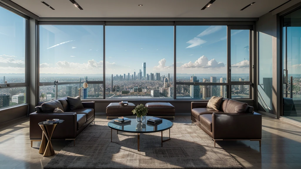 Panoramic view of the living room,Large windows overlooking the city, Unparalleled views, Overlooking the modern city, beautiful scenery, 日落Beautiful view, sparse field, Beautiful view, Stunning views, Penthouse, Broad horizons, Stunning rendering, city View, Luxurious environment, beautiful scenery, V-Ray 8K Ultra HD Rendering, Architectural Visualization, Spectacular views