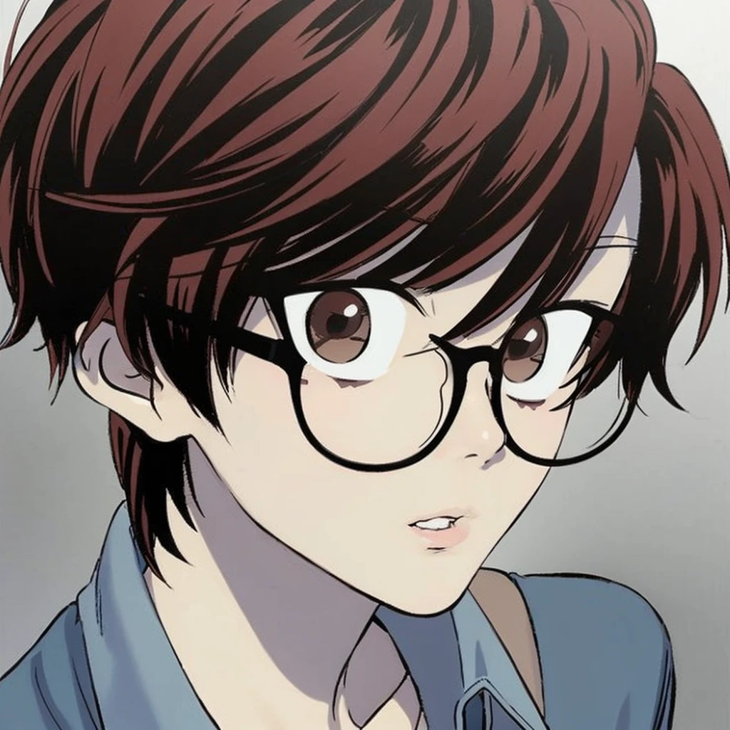 A girl with boyish short red hair and brown eyes , wearing a glasses