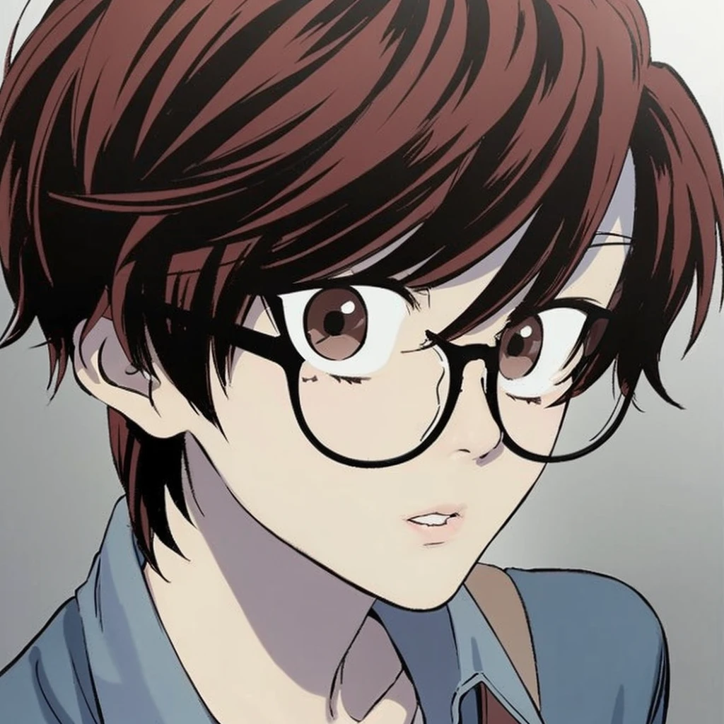 A girl with boyish short red hair and brown eyes , wearing a glasses
