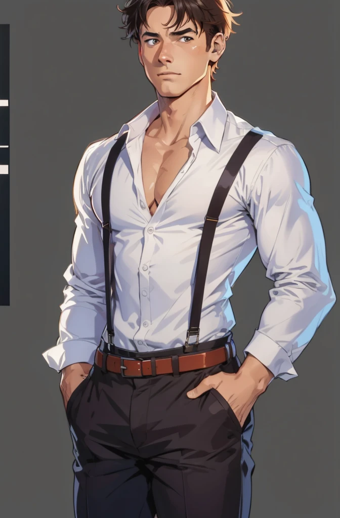 score_9, score_8_up, score_7_up light colors, watercolors, warm rays of light, ( lineart:1.4), thick outlines, (thick outlines:1.4), clean line art, sketch, manga, graphic novel, warm red sunlight, male man, white shirt, black suspenders