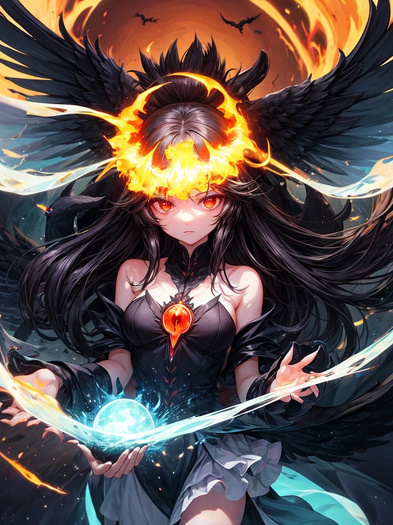 Utsuho Reiuji: Utsuho resembles a black bird, with wings and sharp claws. Her black hair has a fiery crown, and she possesses nuclear fusion abilities, with reactor-like patterns on her head.