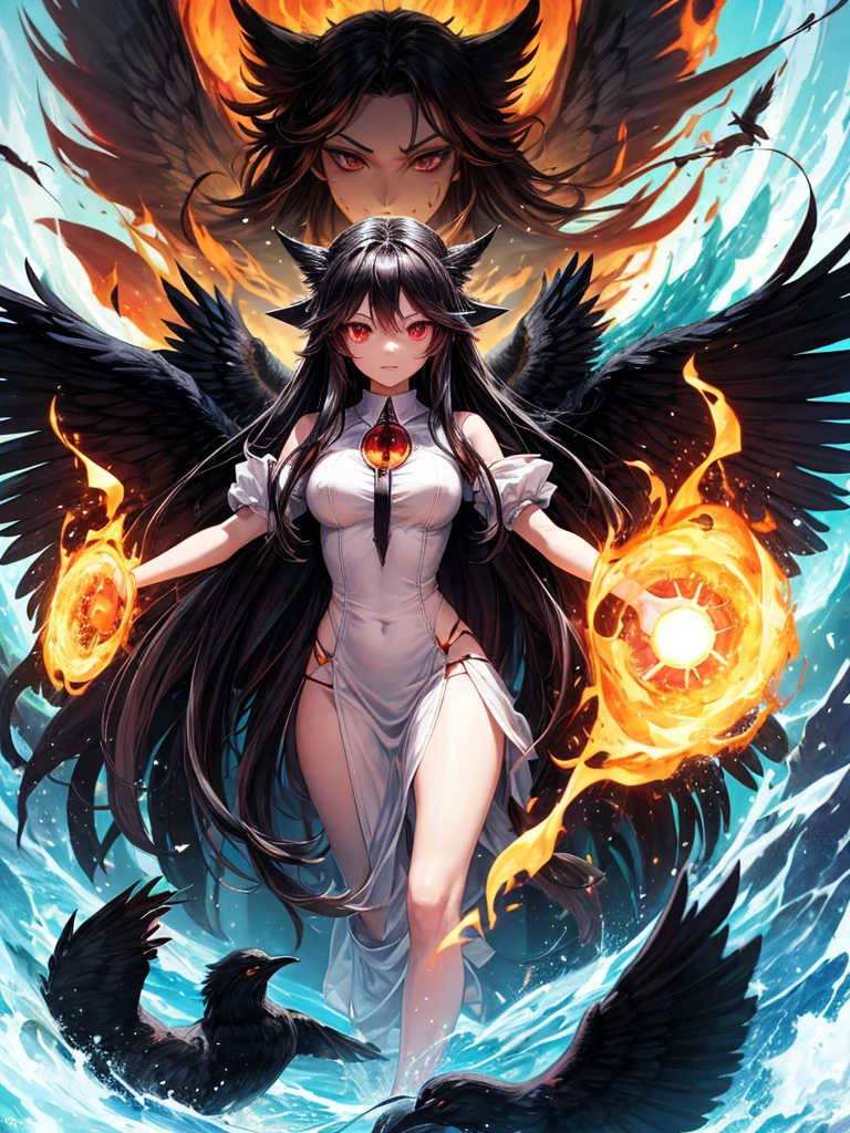 Utsuho Reiuji: Utsuho resembles a black bird, with wings and sharp claws. Her black hair has a fiery crown, and she possesses nuclear fusion abilities, with reactor-like patterns on her head.