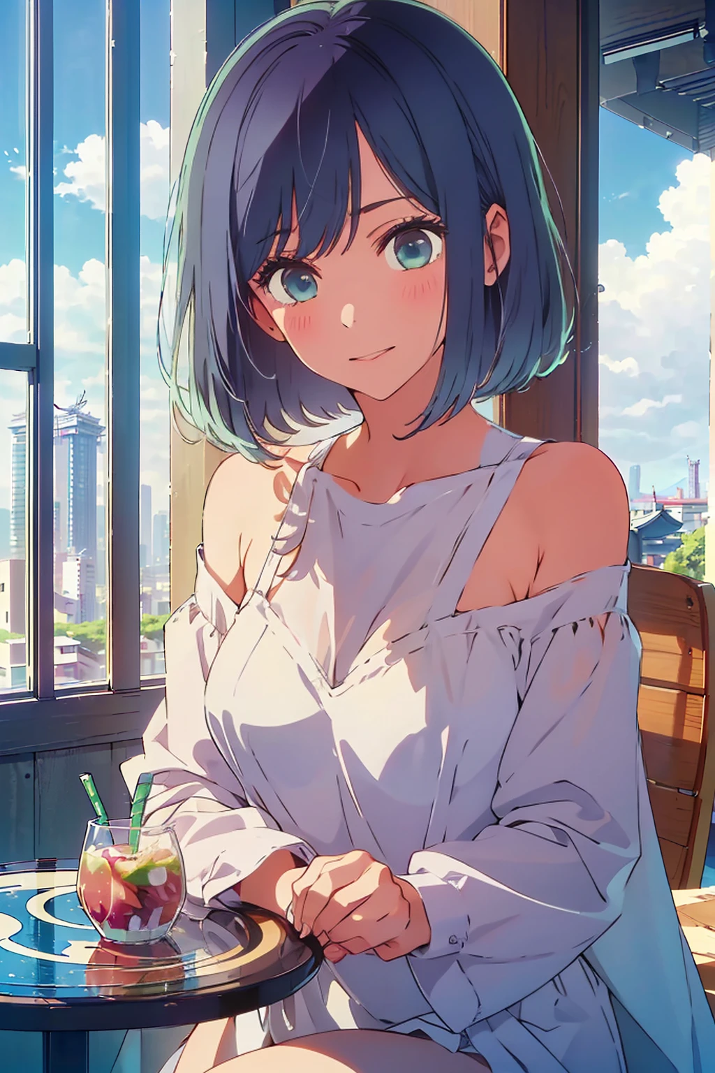 (Highest quality:1.4、8K:1.4、detailed)、F cup bust、Big Breasts、Slim body、Very white beautiful skin、((((1 person、smile、Surprised expression、sit、Chair、In the background are the urban buildings of Tokyo、looking at the camera、Indoor cafe terrace、Navy hair color、Straight Long Hair、juice、Shooting up close、Shooting from an angle、table、Very cute face))))、((((nude、Areola))))、(Pose with hair tucked behind ears with both hands:1.4)、(((Off-the-shoulder blouson)))、Nipples、Very blue sky、A completely cloudless sky