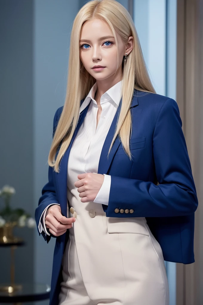 A woman with long blonde hair and blue eyes wearing a suit A calm and collected leader