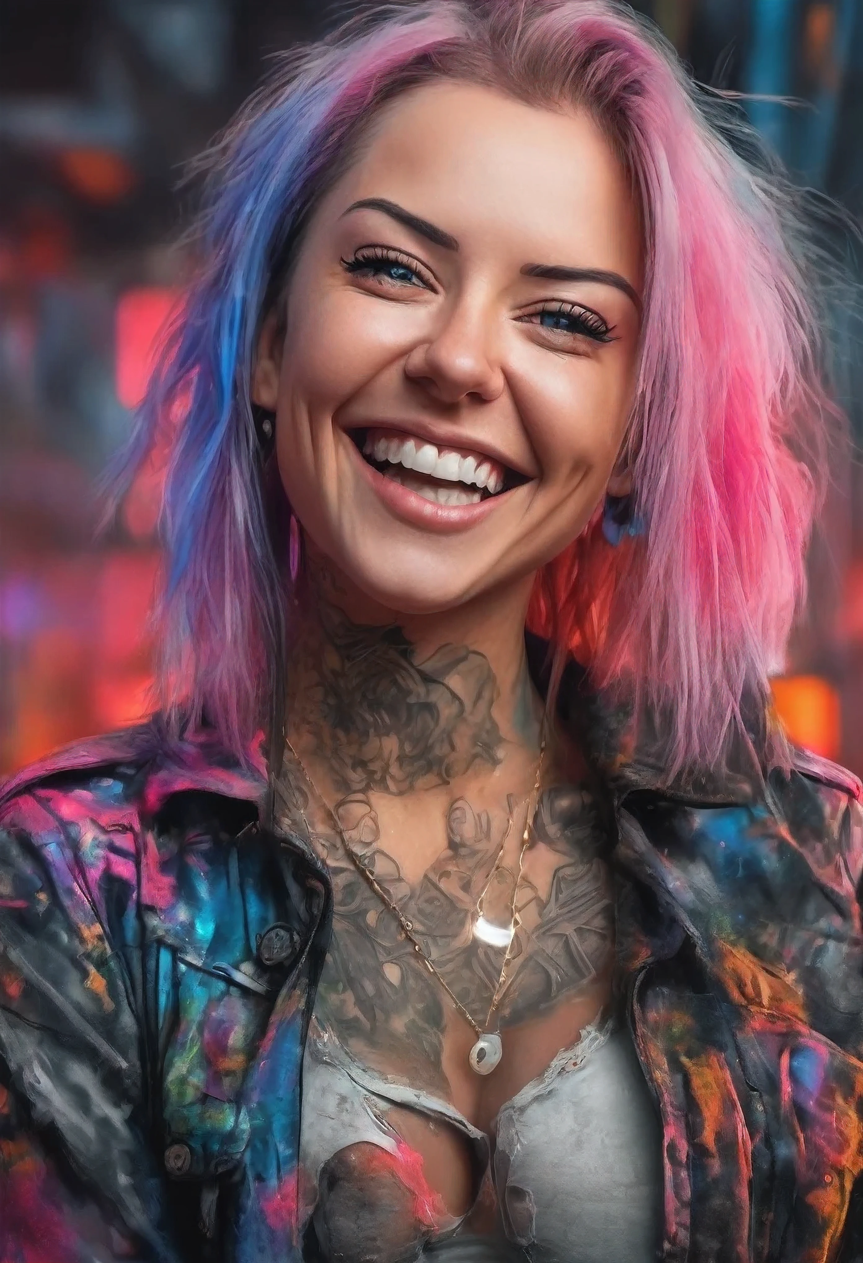 create an image of Laurence Bedard demonstrating the style of ((Cyber Grunge)) style, hyper realism, 8k high definition, vibrant colors, sharp focus, insanely detailed, and she is smiling at viewer
