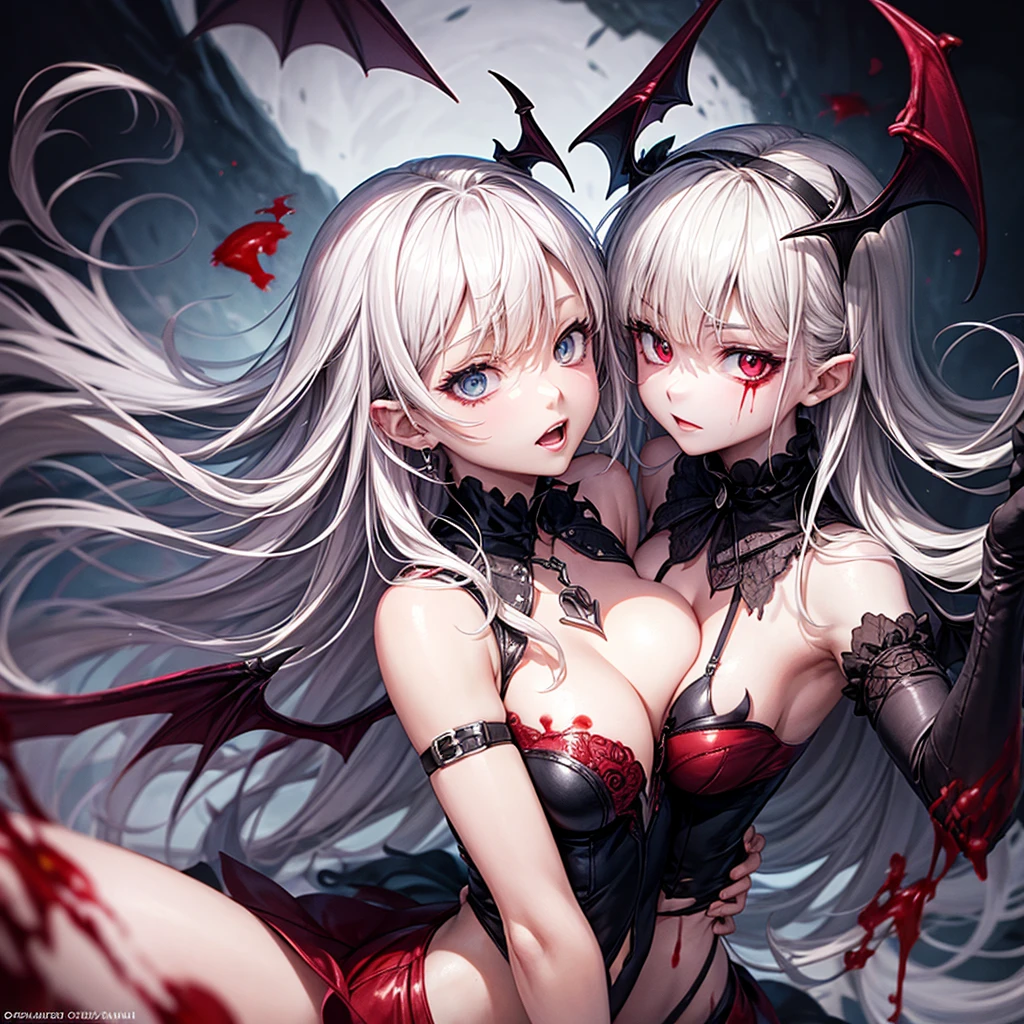 His chest was covered in blood、Anime girl with blood dripping from her chest, Gothic girl anime girl, gapmoe Yandere grimdark, Devil anime girl, Shatia Bradfren, Bad guy anime 8k, Yandere intricate, portrait gapmoe Yandere grimdark, Vampire Girl, bloody + Concept Art, Yandere, Anime style 4K, Detailed digital anime art,Devil Wings,Bat Wings