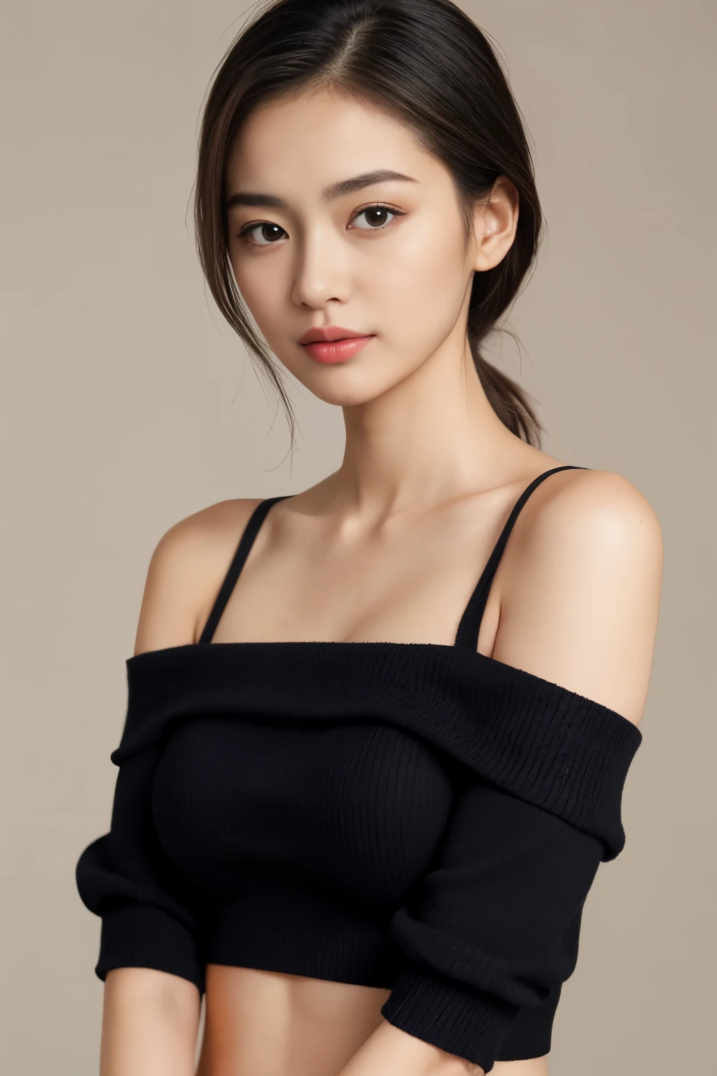 (colored picture), Photo realistic of beautiful asian、slender abs, (Highlight Haircutreast A Cup:1.2), small breast, round shape breast, perfect shape breast,(( )), She should have a serene expression, with large, expressive eyes and rosy lips. The woman is wearing an elegant light pink, off-the-shoulder sweater, with a hint of a (((black strap visible))), set against a soft, neutral background that emphasizes her gentle and stylish appearance