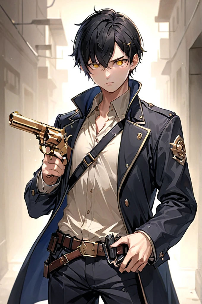 1boy, male focus, carrying a revolver, black hair, golden eyes