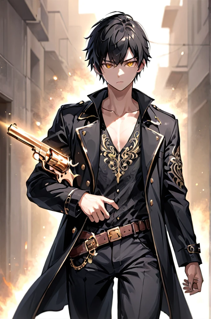 1boy, male focus, carrying a revolver, black hair, golden eyes