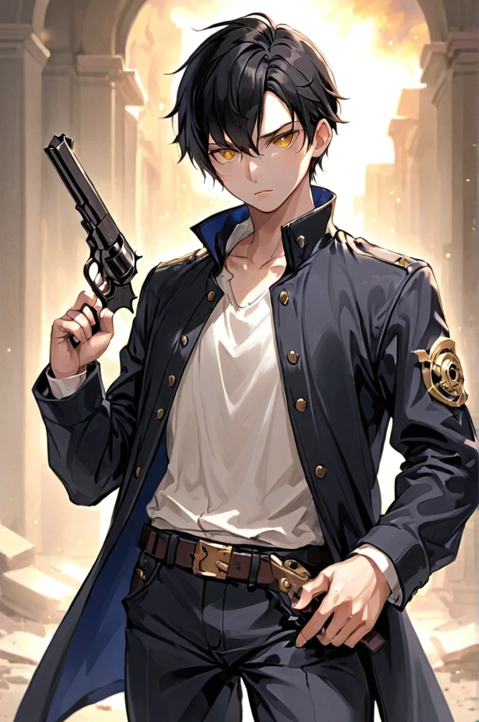 1boy,  male focus, carrying a revolver, black hair, golden eyes 