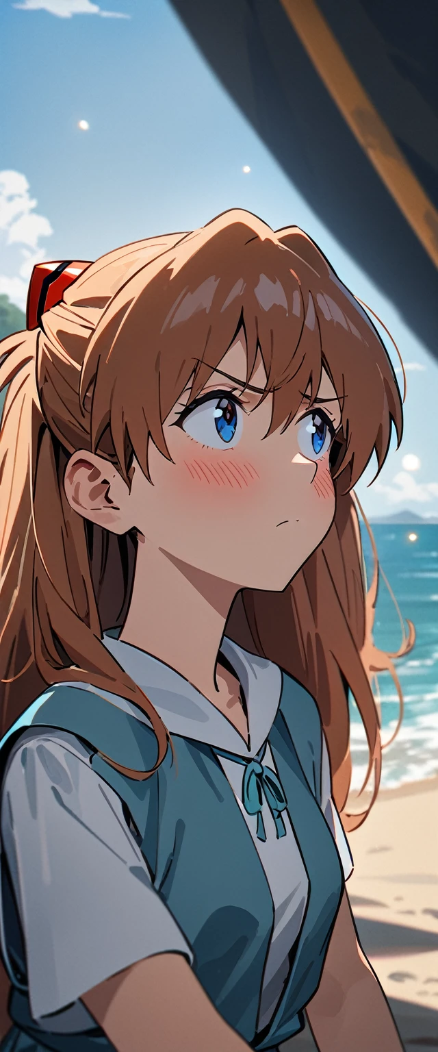 One girl, ((Soryu Asuka Langley)), Neon Genesis EVANGELION, Evangelion New Theatrical Version, from front, looking up, leaning forward, looking away, ((face on focus)), ((upper body)), ((blush)), sulking, glaring, ((Tokyo-3  uniform)), Blue vest, Beach, anime style, (best quality, 4k, 8k, highres, masterpiece:1.2), ultra-detailed, ultra-detailed eyes, HDR, UHD, studio lighting, ultra-fine painting, sharp focus, physically-based rendering, extreme detail description, professional, vivid colors, bokeh)