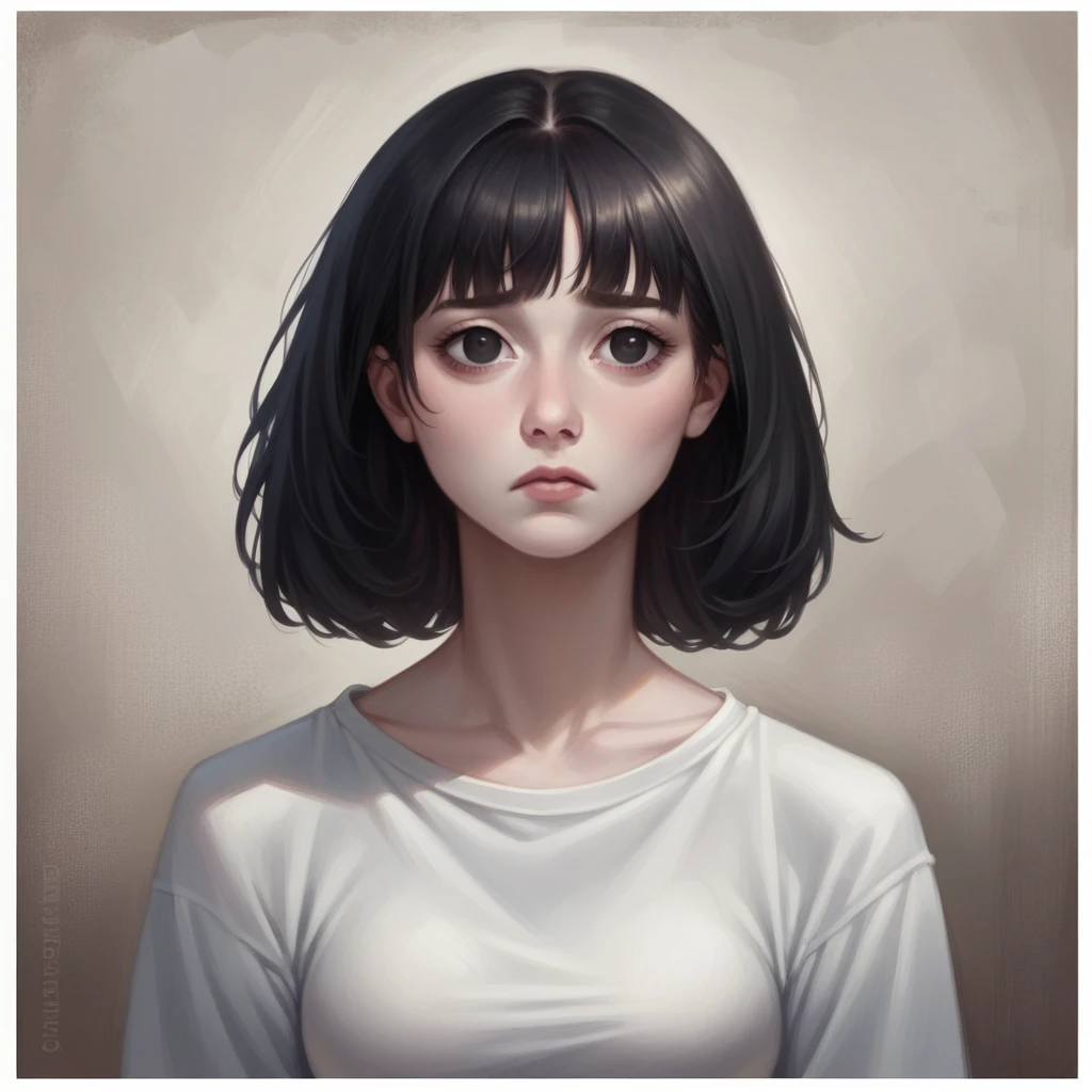 Beautiful sad girl with realistic black eyes, Pale skin, Medium length black hair, perfect face, perfect eyes, Wear light clothing to sunbathe, Highly detailed, Comprehensive Movies, digital painting, 8K, movie light, best quality, height, Detailed work, After processing, Perfect results, Too realistic