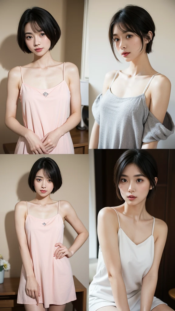 Japanese、woman、Short Hair、Camisole dress、Create 4 more images with different expressions