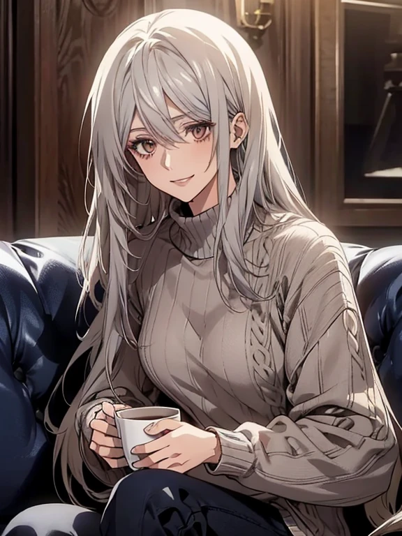 (Confused, High resolution, Very detailed), 1 female, Silver Hair,Long Hair,Reddish brown eyes,Navy blue sweater,Jacket,Black skinny pants,24th generation,beauty,mature,thin,quiet,Calm,talk,sofa,Mug,Navy blue sweater,Modest smile