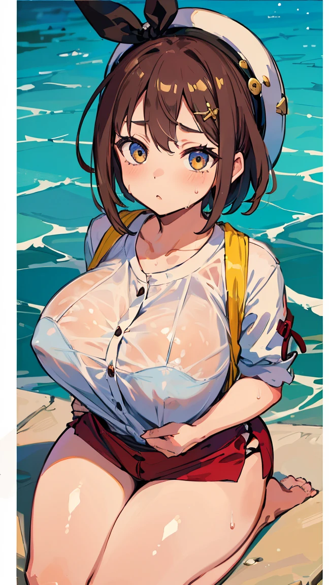 (Highest quality, 8K, masterpiece :1.3),Lizaリン・シュタウト(Lizaのアトリエ),Liza,Plump, One woman,Wet with sweat,Large Breasts,short hair,Brown Hair,hair band,Clothing,hat