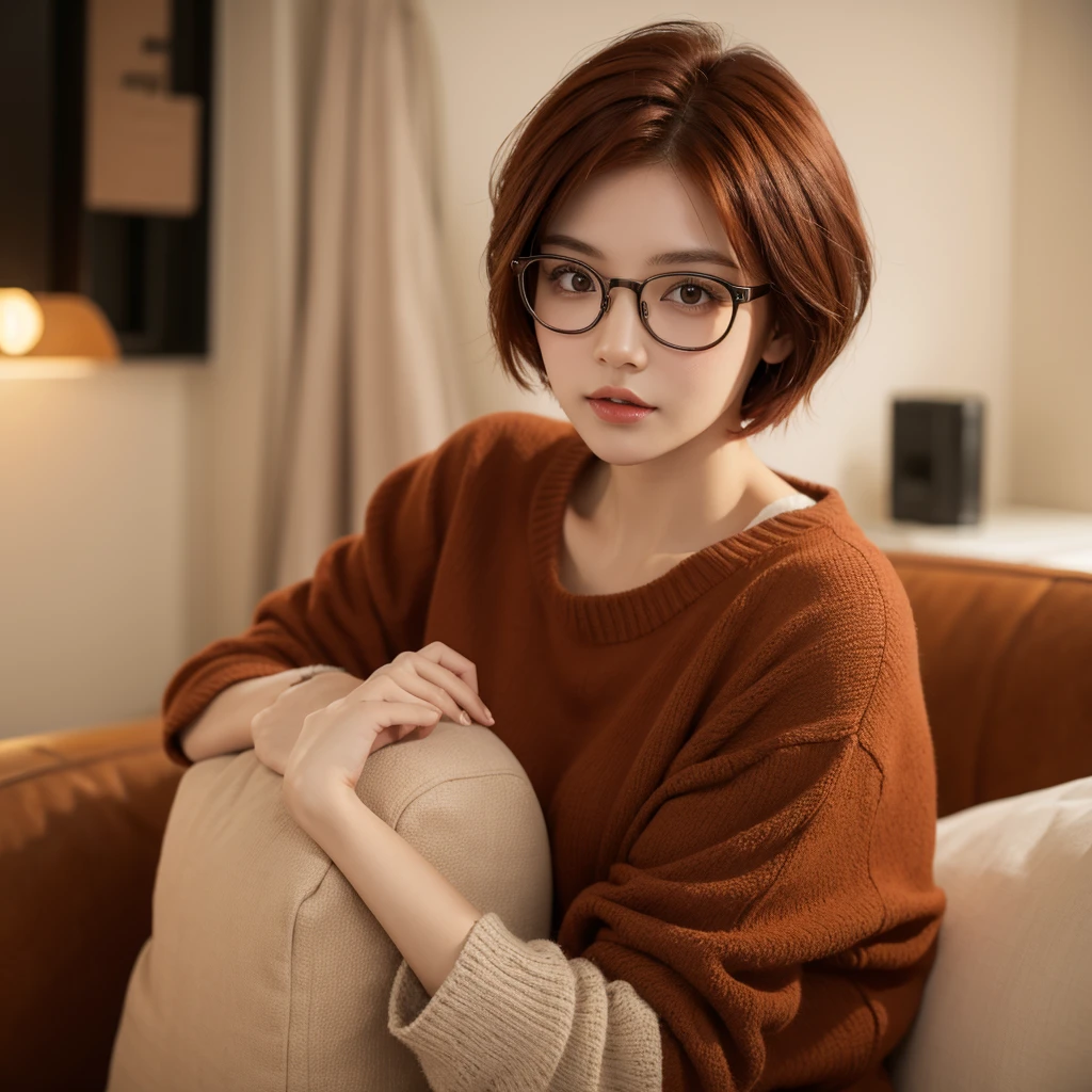 A girl with boyish short red hair and brown eyes , wearing a glasses , and wear a girl