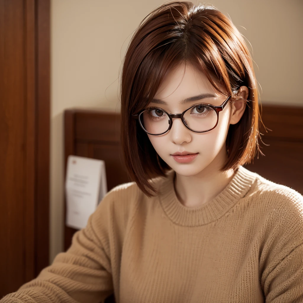 A girl with boyish short red hair and brown eyes , wearing a glasses , and wear a girl  