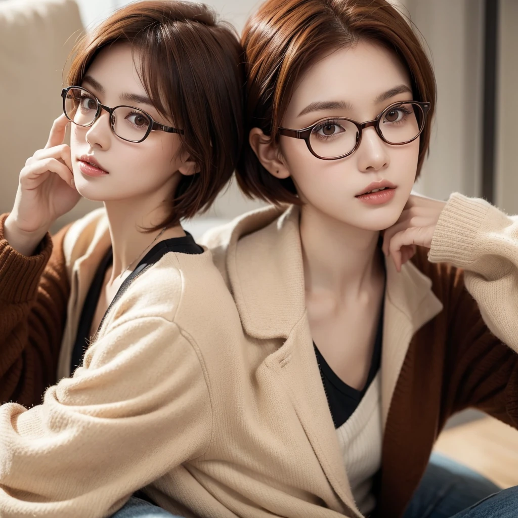 A girl with boyish short red hair and brown eyes , wearing a glasses , and wear a girl  