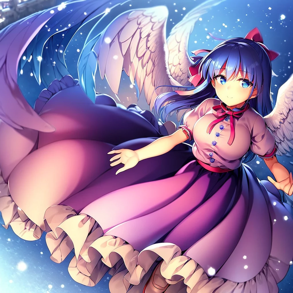 masterpiece, best quality, 1girl, , , 10 years old, medium blue hair, hair flaps, pink ribbon on head, well-formed face, blue eyes, angel girl, white blouse, puffy short sleeves, red ribbon, angel wings, long white skirt, red shoes, frills