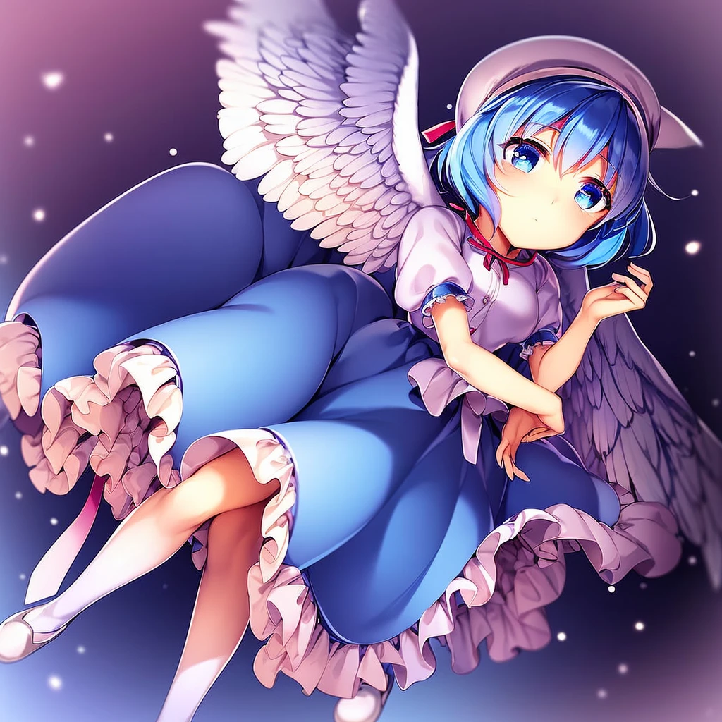 masterpiece, best quality, 1girl, , , 10 years old, medium blue hair, hair flaps, pink ribbon on head, well-formed face, blue eyes, angel girl, white blouse, puffy short sleeves, red ribbon, angel wings, long white skirt, red shoes, frills