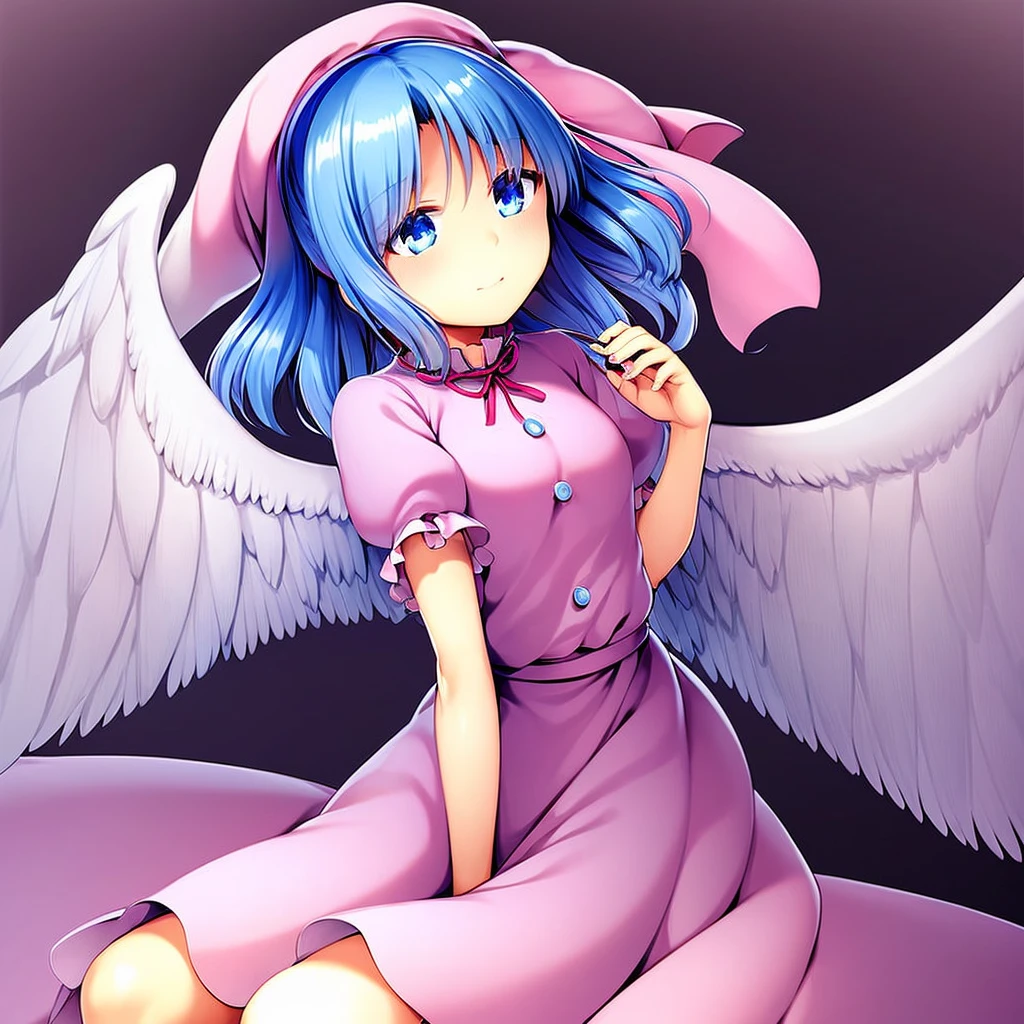 masterpiece, best quality, 1girl, , , 10 years old, medium blue hair, hair flaps, pink ribbon on head, well-formed face, blue eyes, angel girl, white blouse, puffy short sleeves, red ribbon, angel wings, long white skirt, red shoes, frills