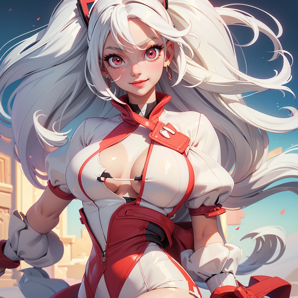 (best quality)), ((masterpiece)), 1 girl, Soft expression，happy，Smiley Face，Big boobs, Big Ass, Good shape, White hair, Sportswear, Red eyes, Big and bright eyes, Long eyelashes, Small, pale natural lips, Small chin, (Perfect four fingers, 1 thumb)