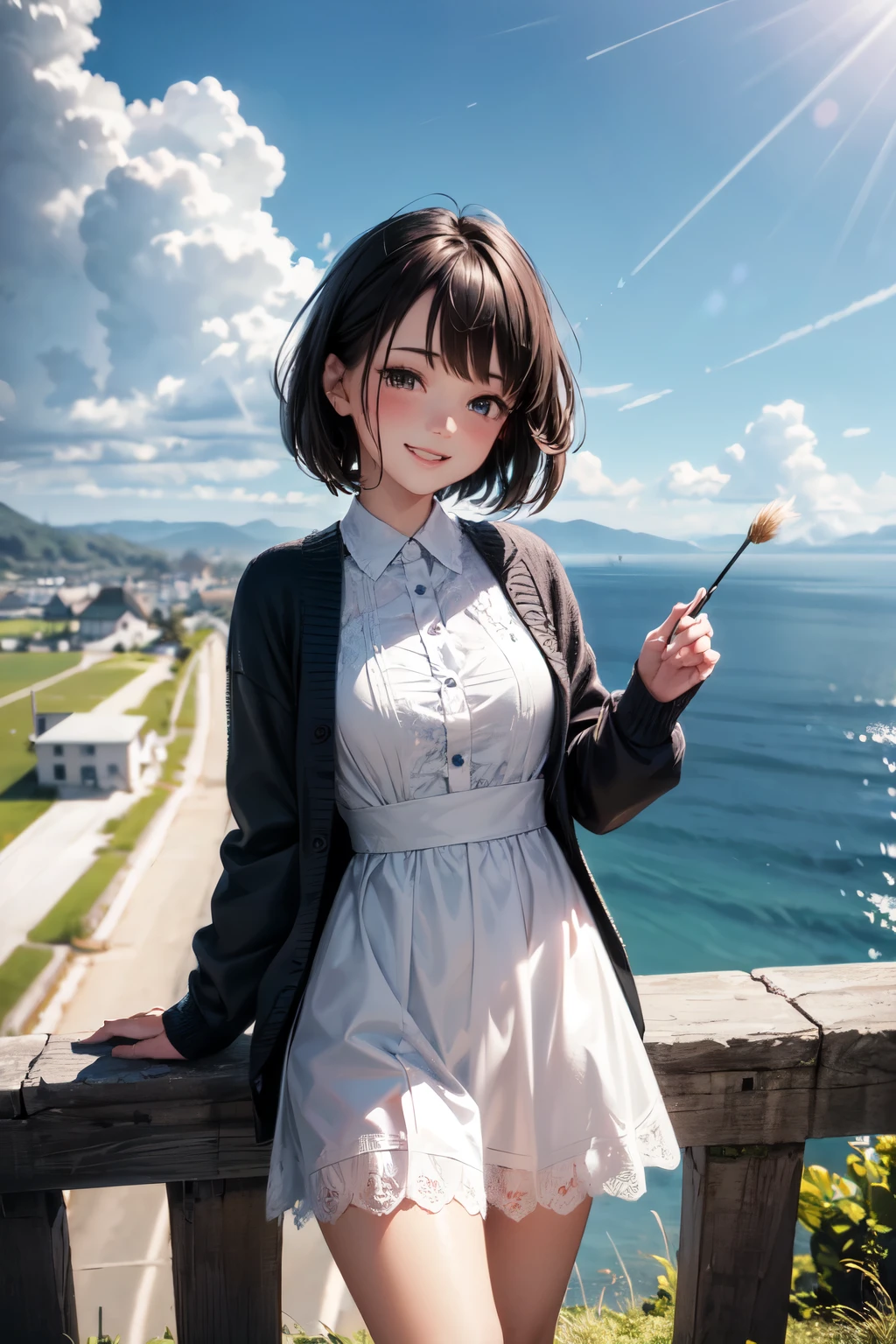 very cute and beautiful girl,(highly detailed beautiful face),
frilled white summer dress with detailed lace,(navyblue cardigan),standing,
from hilltop,ocean view,grassland,fence,distant white lighthouse,beautiful summer sky,
(smile:1.2),happy,black hair,mid shot,holding cute fashion bag,detailed legs,
(best quality,masterpiece),absurdres,highres,ultra-detailed,extremely detailed,32k,8k resolution,
intricate details,cinematic scene,detailed background,solo,dynamic angle,